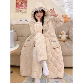 三層夾棉睡衣女款秋冬季珊瑚絨加厚保暖可愛法蘭絨家居服睡袍套裝