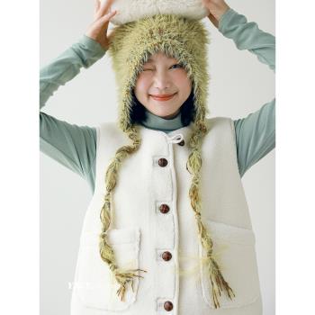 印計谷羽 原創設計師自留款 可愛保暖羊毛護耳帽子女冬綁帶毛線帽