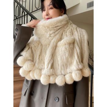 韓國款雙面兔毛編織皮草球球口袋大披肩女士冬季保暖裘皮圍巾圍脖