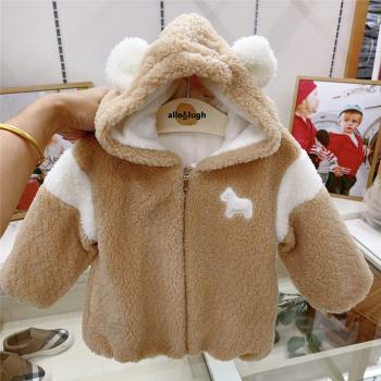 韓國童裝 23年秋冬新男女童寶寶連帽羊羔毛保暖可愛卡色毛絨外套