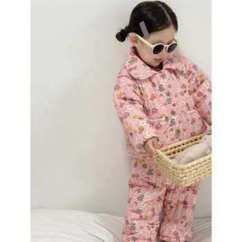韓國女童加絨加厚睡衣套裝2023冬天女孩可愛小兔子三層夾棉家居服