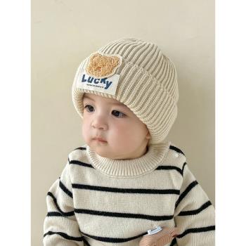 寶寶帽子冬季韓版時尚男童小熊針織帽秋冬男孩嬰兒保暖護耳毛線帽