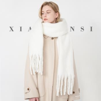 高氣質白色圍巾柔軟韓國純色拉毛流蘇圍巾女冬季加長加厚保暖圍脖