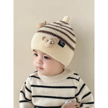 男寶寶帽子秋冬款韓版小熊奶嘴嬰兒針織帽冬天護耳保暖兒童毛線帽