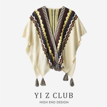 Yi Z CLUB 波西米亞風幾何條紋流蘇裝飾針織披肩圍巾保暖斗篷0.42