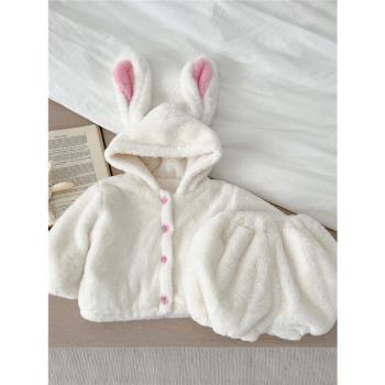 女寶寶秋冬季毛絨兔子套裝嬰幼兒韓版可愛保暖洋氣兔子毛毛衣服韓