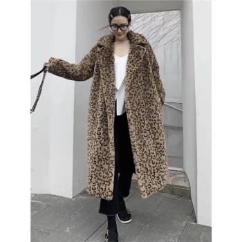 豹紋仿兔毛西服外套寬松繭廓型皮草泰迪長款毛毛保暖女士大衣