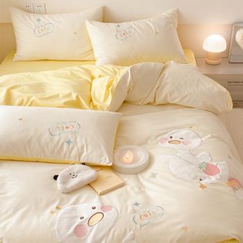 卡通純棉四件套全棉被套床單貼布繡可愛女小黃鴨被罩床笠床上用品