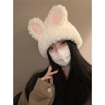 韓國可愛毛絨兔耳朵帽子女秋冬保暖針織帽護耳顯臉小毛線包頭帽潮