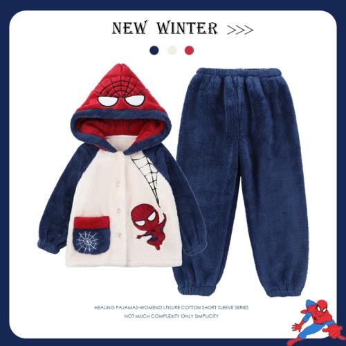 蜘蛛俠冬季珊瑚絨兒童睡衣卡通男童長毛絨保暖加厚親子家居服套裝