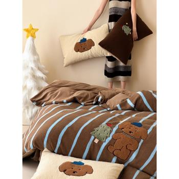冬季保暖羊毛絨牛奶絨床單四件套卡通風刺繡雙面兒童被套床上用品