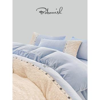 英國BOBOWISH 兔兔絨四件套ins藍色刺繡加絨加厚床單床笠床上用品