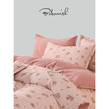 英國BOBOWISH 全棉加厚生態磨毛四件套粉色繁花床單床笠床上用品