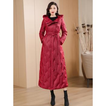 輕奢秋冬新款顯瘦女士長款修身保暖連帽外套羽絨服白鴨絨超長高階