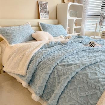 雙層毛毯羊羔絨冬季加厚保暖被套珊瑚絨毯蓋毯子被子單人雙人藍色