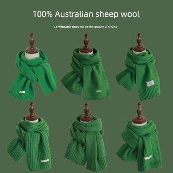 高級感顯白綠色澳洲100%純羊毛圍巾女冬季保暖學生大衣搭配圍脖男