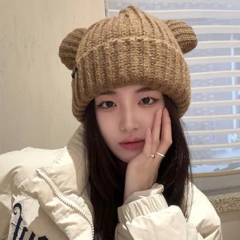 可愛咖啡色小熊耳朵帽子女韓國冬季保暖毛線帽日系加厚防寒針織帽