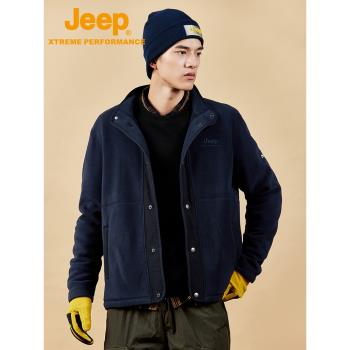 Jeep吉普輕量柔軟海絲絨抓絨衣男加厚保暖雙面絨外套戶外透氣絨衣