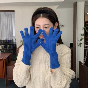 韓國ins新款針織開口觸摸屏寶藍毛線五指手套潮秋冬御寒保暖手袖
