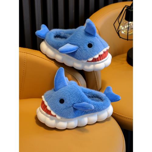 兒童棉拖鞋秋冬季寶寶防滑防水居家棉鞋皮款男女童親子保暖室內鯊