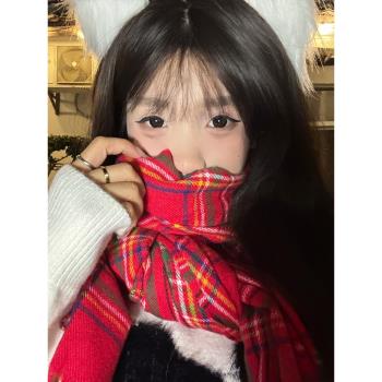 格子圍巾女冬季可愛少女紅色圍脖韓系學生情侶披肩外搭高級感保暖