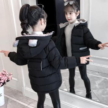 韓國女童保暖中長款連帽加厚棉服
