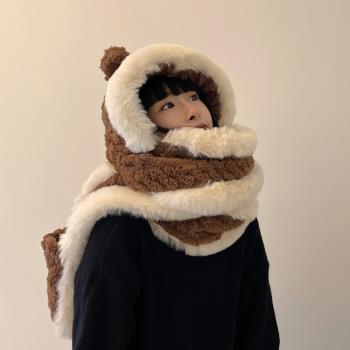 一體耳朵冬天連帽手套小熊圍巾