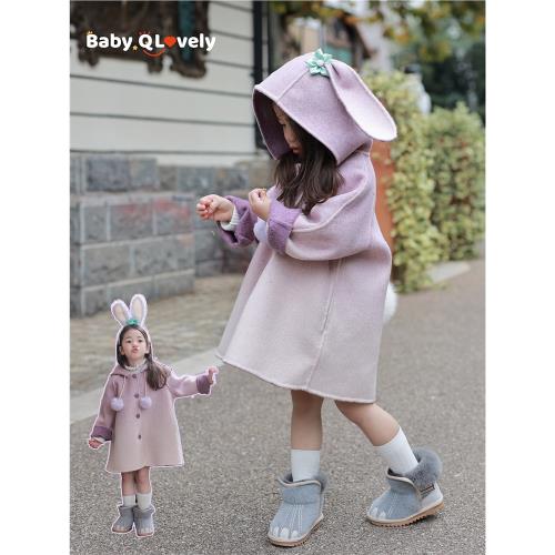 ｛BabyQ｝原創80毛雙面女童外套羊毛大衣卡通可愛紫兔子保暖秋冬