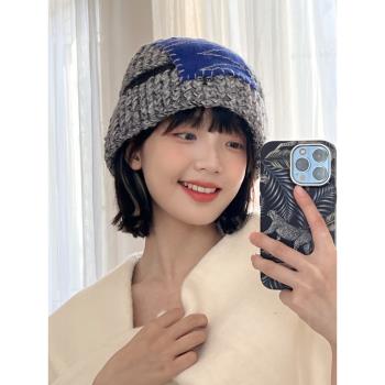 韓國小眾設計師拼色補丁手工羊毛絨針織毛線帽秋冬保暖針織漁夫帽