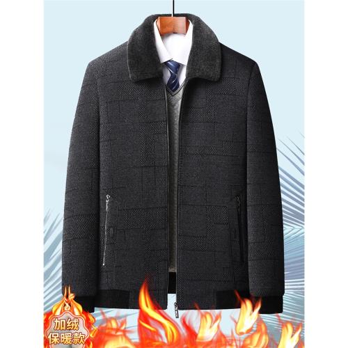 冬季加絨爸爸裝商務保暖加厚翻領休閑中老年男純色雪尼爾夾克棉衣