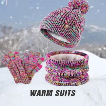 中大童毛球帽子圍巾手套三件套件冬季兒童加絨加厚保暖針織套裝