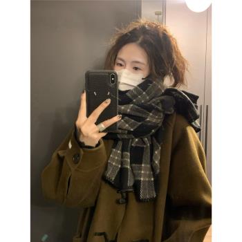 GREENHOUSES高級感圍巾女冬季韓國復古格子長款披肩加厚保暖圍脖