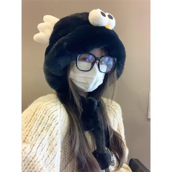 韓國ins可愛企鵝毛絨絨帽子女顯臉小護耳帽秋冬保暖雷鋒帽套頭帽