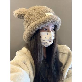韓國可愛小熊耳朵毛絨帽子女秋冬潮保暖毛線帽學生日系護耳套頭帽