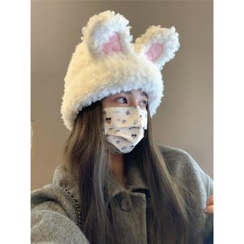 韓國可愛毛絨兔耳朵帽子女秋冬保暖針織帽護耳顯臉小冷帽包頭帽潮