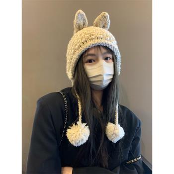 韓國ins風可愛手工兔耳朵毛線帽子女秋冬新款針織護耳保暖雷鋒帽