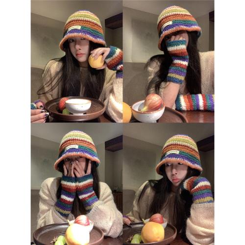 多巴胺手工鉤針毛線帽子女冬大頭圍顯臉小彩色漁夫帽保暖護耳冷帽
