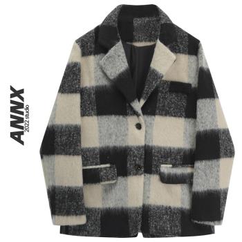 ANNX2023秋冬設計高級格子毛呢大衣秋冬新款保暖學院風外套赫本風