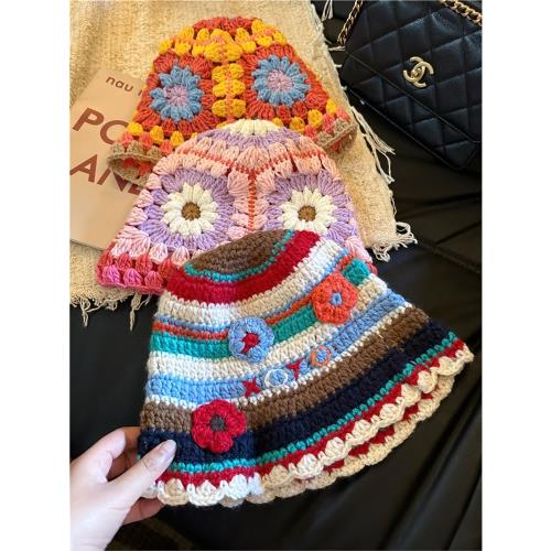 日系甜美可愛帽子秋冬季毛線漁夫帽女花朵保暖條紋針織帽顯臉小