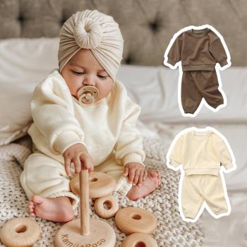 莫蘭迪純色寶寶春秋加絨保暖分體套裝6個月嬰兒純棉3長袖褲子衛衣