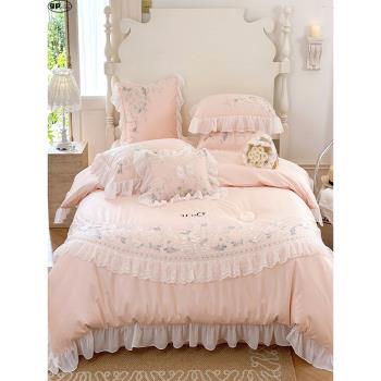 法國GP少女純棉床單四件套全棉140支花卉刺繡蕾絲被套床上用品新