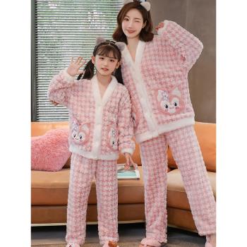 女童睡衣季法蘭絨加厚開衫網紅風保暖寶寶女大童家居服套裝珊瑚絨