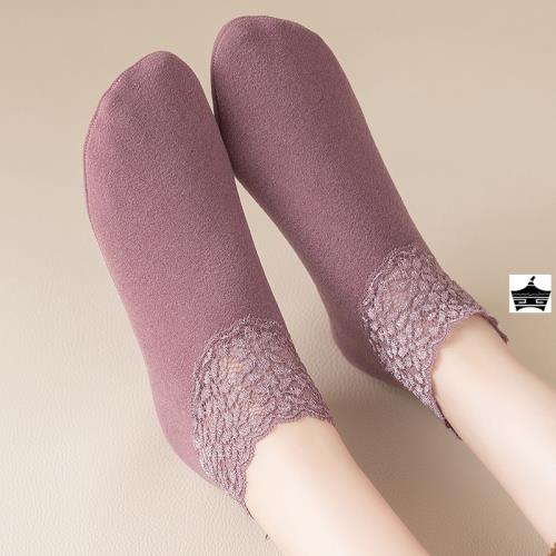 德絨蕾絲花邊襪子女短襪硅膠防滑冬季純棉加絨加厚保暖月子地板襪