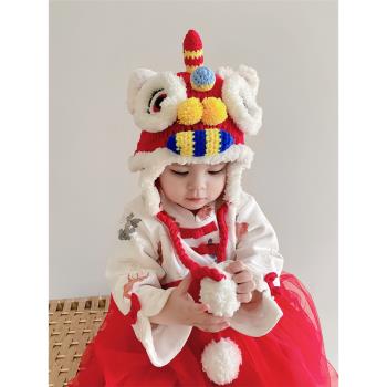 嬰兒虎頭帽傳統寶寶過年中國風親子護耳保暖毛絨帽子醒獅帽紅色