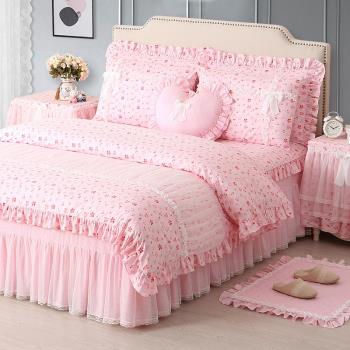 巧致生活 全棉床上四件套公主風床裙款新款床罩被套純棉床品粉色
