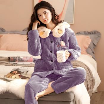 睡衣女2020年新款秋冬季珊瑚絨加絨加厚夾棉保暖家居服兩件套外穿