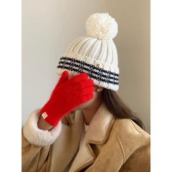 韓版毛球針織帽子女冬季百搭大頭圍滑雪冷帽保暖護耳加厚粗毛線帽