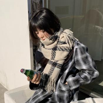女冬季韓版百搭加厚毛線格子圍巾