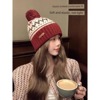 新年紅色帽女冬季韓版民族風毛線帽子大頭圍顯臉小護耳保暖針織帽