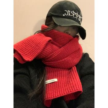 韓版紅色針織圍巾女冬季2023新款百搭保暖高階感加厚純色簡約圍脖